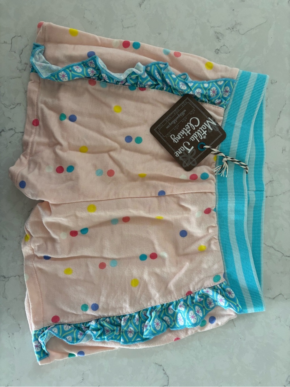 Matilda Jane Pink Polka Dot Shorts with Aqua Striped Waistband